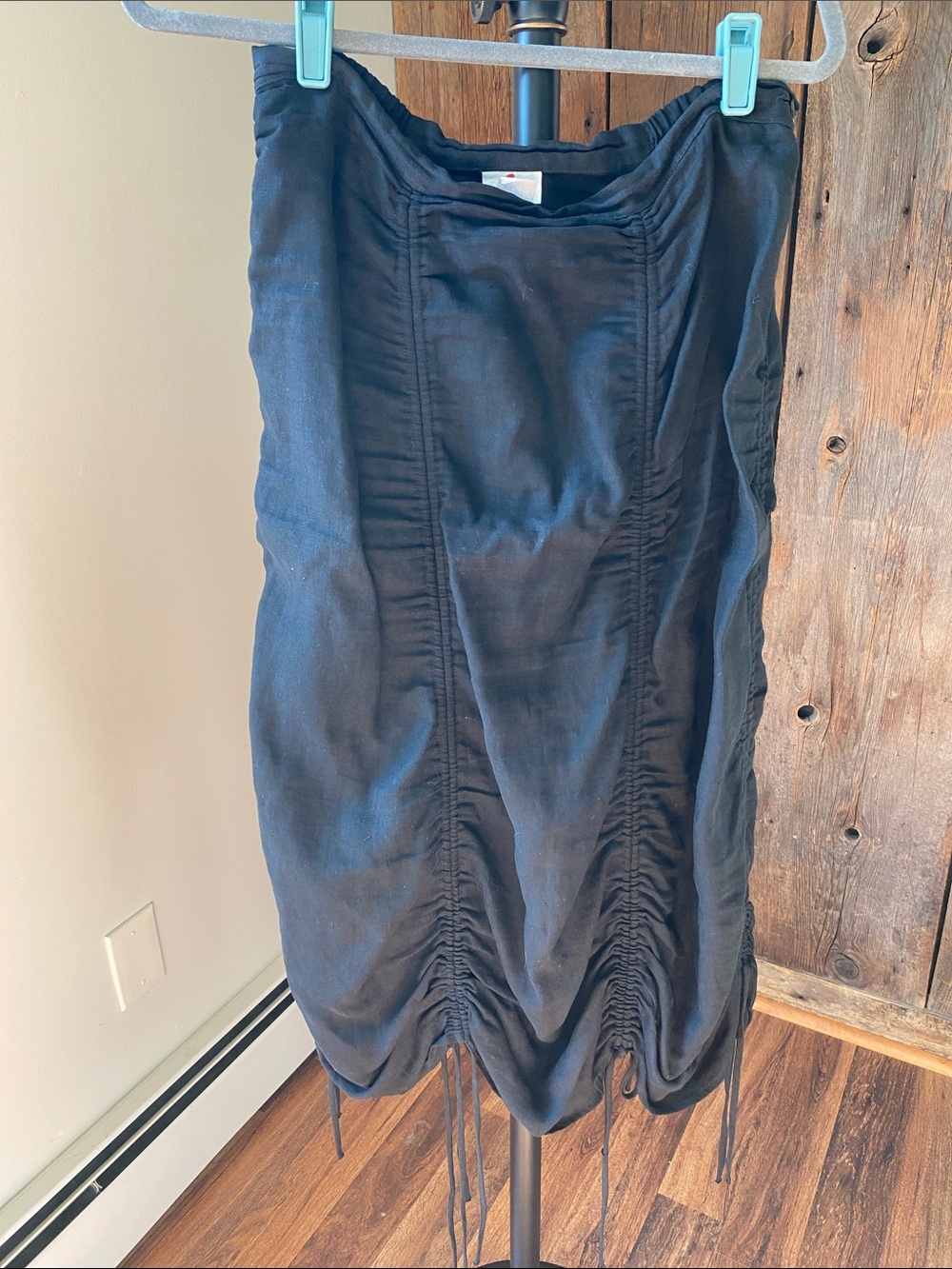 Vintage 100% linen black midi ruched skirt Lagenlook, art to wear Sz M